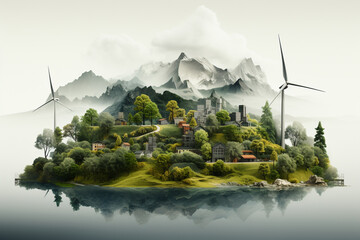 Hyper-realistic illustration merges wind turbines seamlessly with natural elements in a captivating and eco-friendly vision