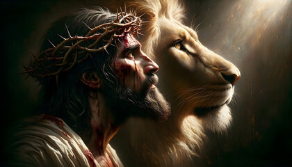 Oilpainting if Jesus Christ, with Crown of Thorns and the Lion of Judah