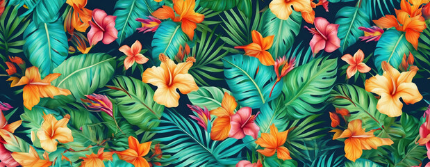 tropical exotic pattern with animal and flowers in bright colors and lush vegetation. ai generative.
