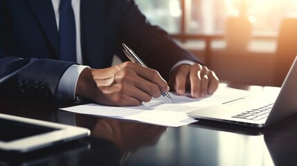 Businessman, executive manager hand filling paper business document, signing contract, partnership agreement and working on laptop computer on desk in modern office, close up