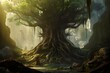 A giant tree with massive roots in a fantasy world. Generative AI