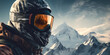 Reflexion of mountains landscape in the ski mask screen of a surfer. Mountain background during the winter. Generated by AI.