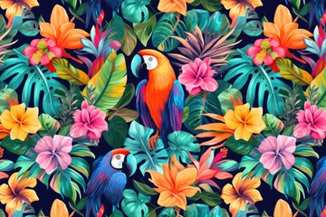 Wall Mural - Tropical exotic pattern with animal and flowers in bright colors and lush vegetation. Ai Generative.