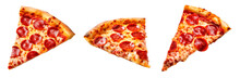 Collage Of Three Pepperoni Pizza Slices On Isolated Transparent Background