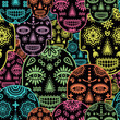 © Elemesca - Sugar skull mexican festive inspired pattern in neon colors of spooky skeleton stamps. Vector seamless pattern design for textile, fashion, paper, packaging and branding.