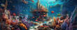 Tropical sea underwater fishes on coral reef. Aquarium oceanarium wildlife colorful marine panorama landscape nature snorkel diving. AI Generative.