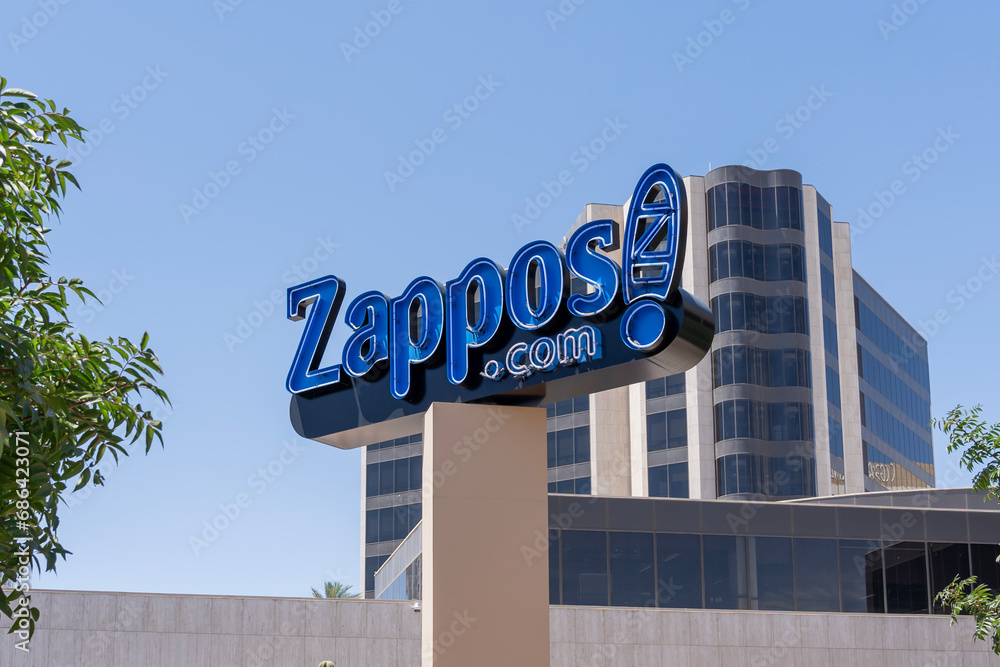Zappos.com headquarters in Las Vegas, Nevada, United States - May 30, 2023. Zappos.com is an American online shoe and clothing retailer, an Amazon subsidiary.