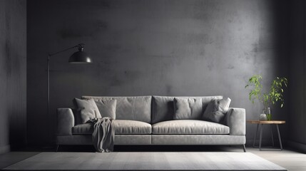 Grey modern sofa in empty room with grey walls and concrete floor. 3d render. Decor concept. Real estate concept. Art concept. Design concept. Interior concept. Plant concept