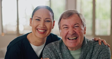 Sticker - Happy woman, doctor and patient hug in elderly care, support or trust together at old age home. Portrait of female and senior male person smile for healthcare, retirement or caregiver at house