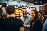 Fototapeta  - Close up picture of a happy and laughing staff or participant people group listening to a startup business owner at a trade show exhibition event. Generative AI.