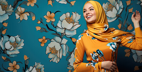 Wall Mural - young woman in hijab wearing yellow scarf laughing