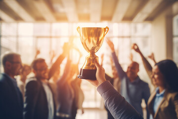 Happy worker team in office holding a golden trophy to celebrate succession of a big project with a sunset light effect background. Generative AI.