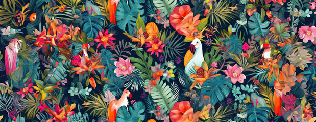 Tropical exotic pattern with animal and flowers in bright colors and lush vegetation. Ai Generative.