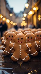 Wall Mural - A group of gingerbread are walking on a street. Generative AI.