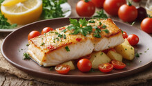 Baked Cod With Potatoes And Cherry Tomatoes On Wooden Table