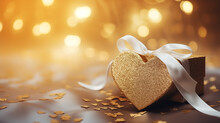 Closeup Luxury Golden Heart Giftbox On Velvet Fabric, Paper Card Closed Copyspace Bokeh Star Glitter Background