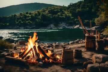 Wall Mural - A Campfire in the woods with a river or the sea in the distance. picnics or vacation excursions