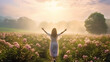 Leinwanddruck Bild - adult asia traveller woman open arm relax in to blossom ark field in misty morning with sunlight