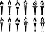 Fototapeta  - Set of traditional ancient Greek torch icons. Greece runner, Sport flame. Symbol of light and enlightenment. High HD resolution burning stick, sports symbol icon, historical tradition icons.