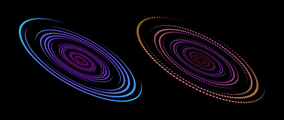 Poster - Linear and halftone speed spiral set. Colorful dynamic dots and lines in perspective. Radial swirl element for logo, print, poster, template, icon, banner. Round technology illustration. Vector