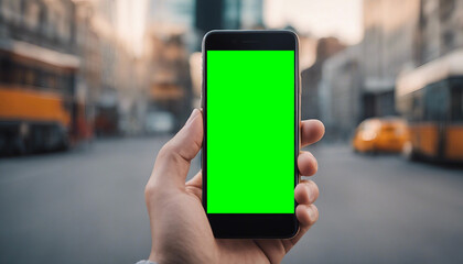 green screen smartphone mock up with city background