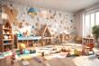 3d, closeup view,  interior of modern playroom of kids