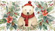 Christmas retro watercolor folk bear card winter