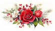 Red and white poinsettia flower, christmas greenery, emerald eucalyptus, seasonal plants and berries