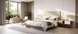 © Lasvu - a stylish master bedroom with white and brown walls tiled floor and a comfortable king size bed viewed from the side