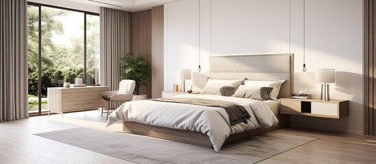 Wall Mural - a stylish master bedroom with white and brown walls tiled floor and a comfortable king size bed viewed from the side