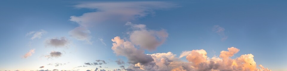 Wall Mural - 360 hdr panorama of sunset sky with bright pink cumulus clouds, suitable for aerial drone panoramas 