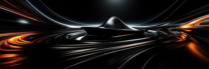 Wall Mural - in a wide-format abstract background image, fluidic motions gracefully dance against a deep black ba
