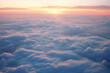 An aerial view photography about sea of clouds, bird-eye level shot, twilight, playful...