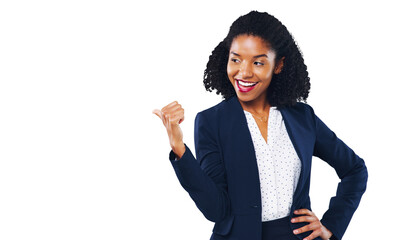 happy woman, business and pointing in advertising or marketing isolated on a transparent png backgro