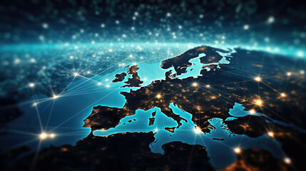 a map of europe with a lot of lights around it represent technology and connection