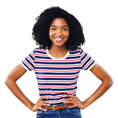 Poster - Black woman, portrait and happy with confidence or fashion and casual outfit isolated on png transparent background. Person, face or smile and calm, pride or relax for trendy style and cool aesthetic