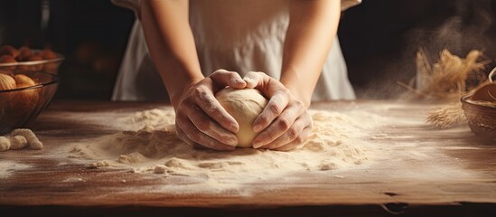 Sticker - Home baking and comfort represented by female hands kneading dough on antique table with beautiful lighting. 