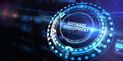 Inscription Software Development on the virtual display. Business, modern technology, internet and networking concept. 3d illustration