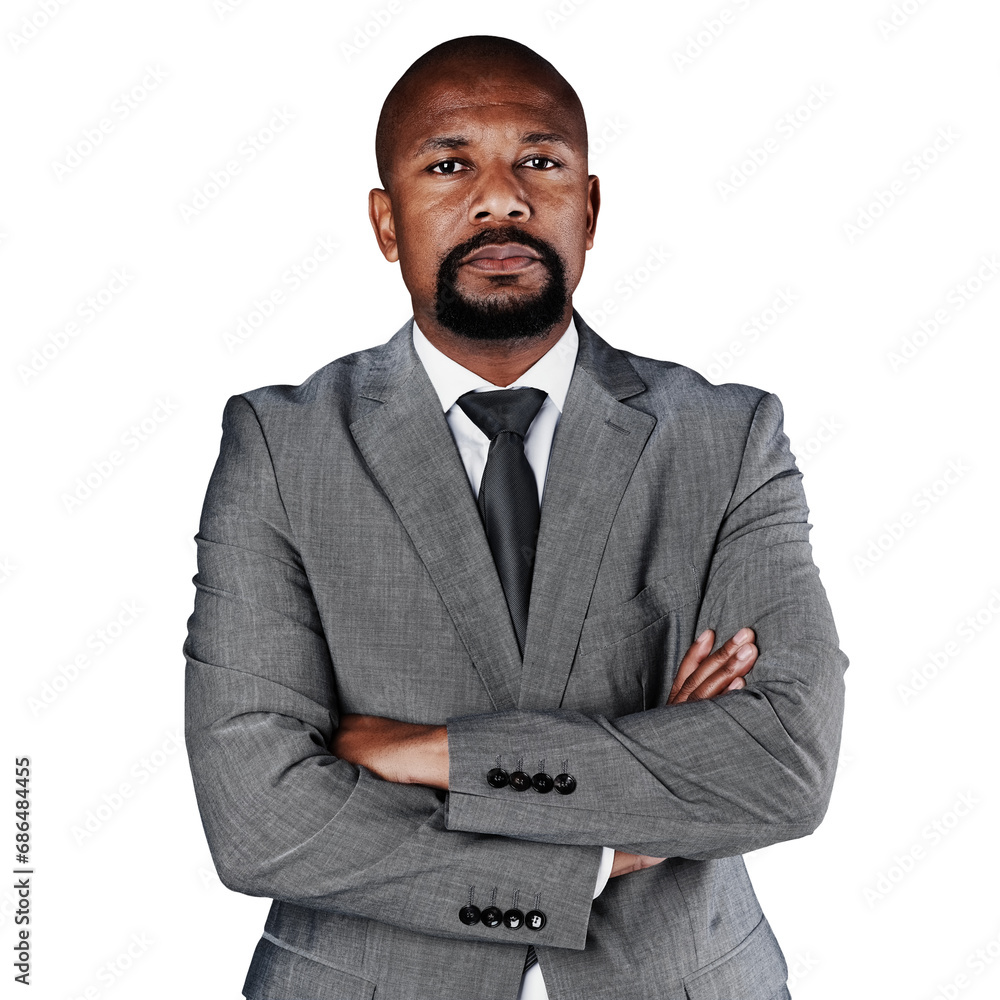 Portrait, business and black man in suit with arms crossed, confident ...