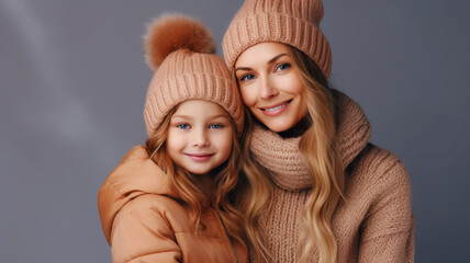 Mother and daughter wearing warm winter clothes