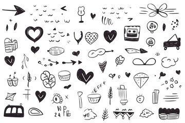 Hand drawn simple elements set. Sketch underlines, icons, emphasis, speech bubbles, arrows and shapes. Vector illustration isolated on white background. generative ai.