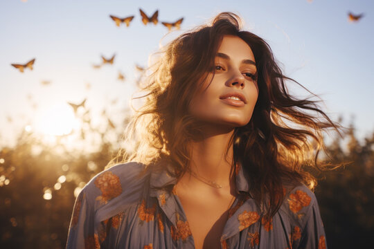 Happy brunette woman excited looking up in the butterflies