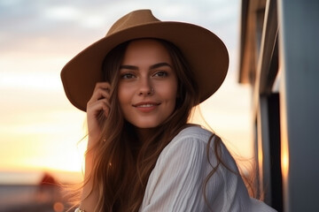 Wall Mural - Woman wearing hat strikes pose for photograph. Suitable for various uses