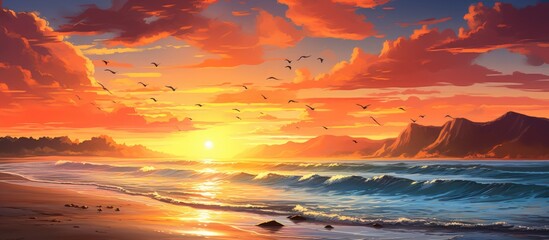 Wall Mural - Beach sunset with seascape.