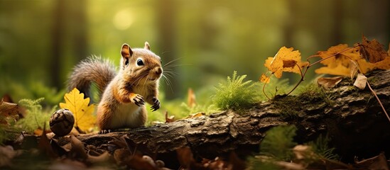 Sticker - Cute forest rodent finds a walnut among leaves.