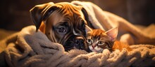 German Boxer Pup Kisses Kitten Under Blanket At Home.