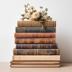 Wall Mural - Vintage hardbound books, Books and flowers,  Antique Books, 