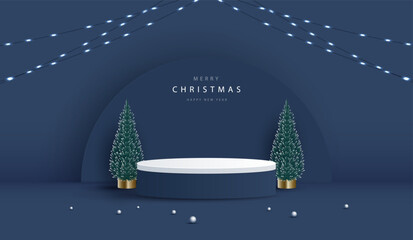 Wall Mural - Podium shape for show cosmetic product display for christmas day or new years. stand product showcase on blue background with tree, ball and light christmas. vector design.