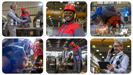 Wall Mural - Train Factory - Photo Collage. Production Manager Using Digital Tablet. Two Multiracial Coworkers Talking in a Train Factory. Welders With Torch. Welding Sparks Of Molten Metal. Train Wheel.