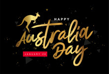 Silhouette Of A Jumping Kangaroo. Shining Golden Inscription - Happy Australia Day. January 26. Elements For The Design